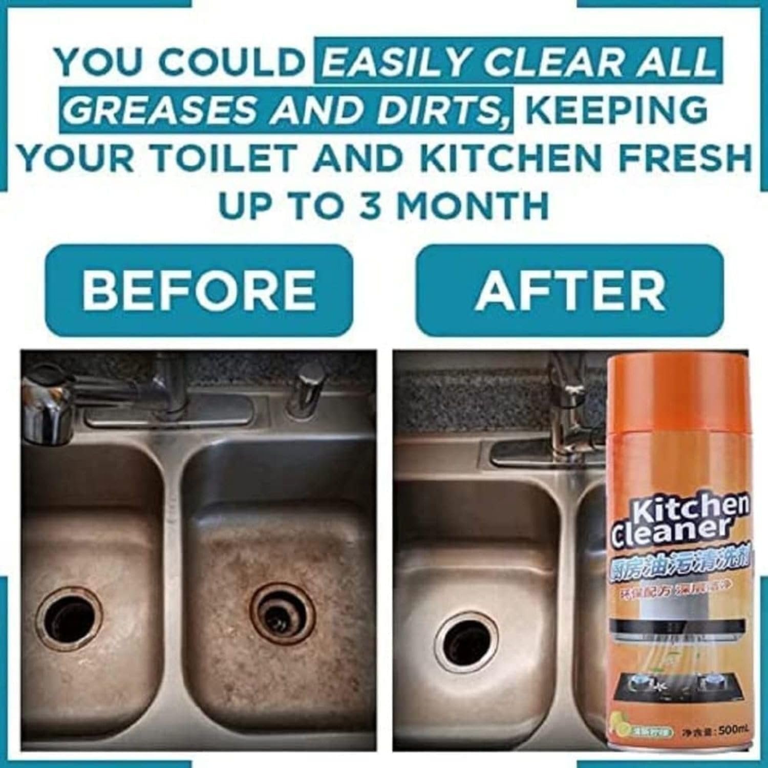 Kitchen Cleaner Foam 500ML ? Powerful Multipurpose Degreasing Spray for Stove, Chimney, Tiles & Countertops ? Instant Foam Cleaning Solution