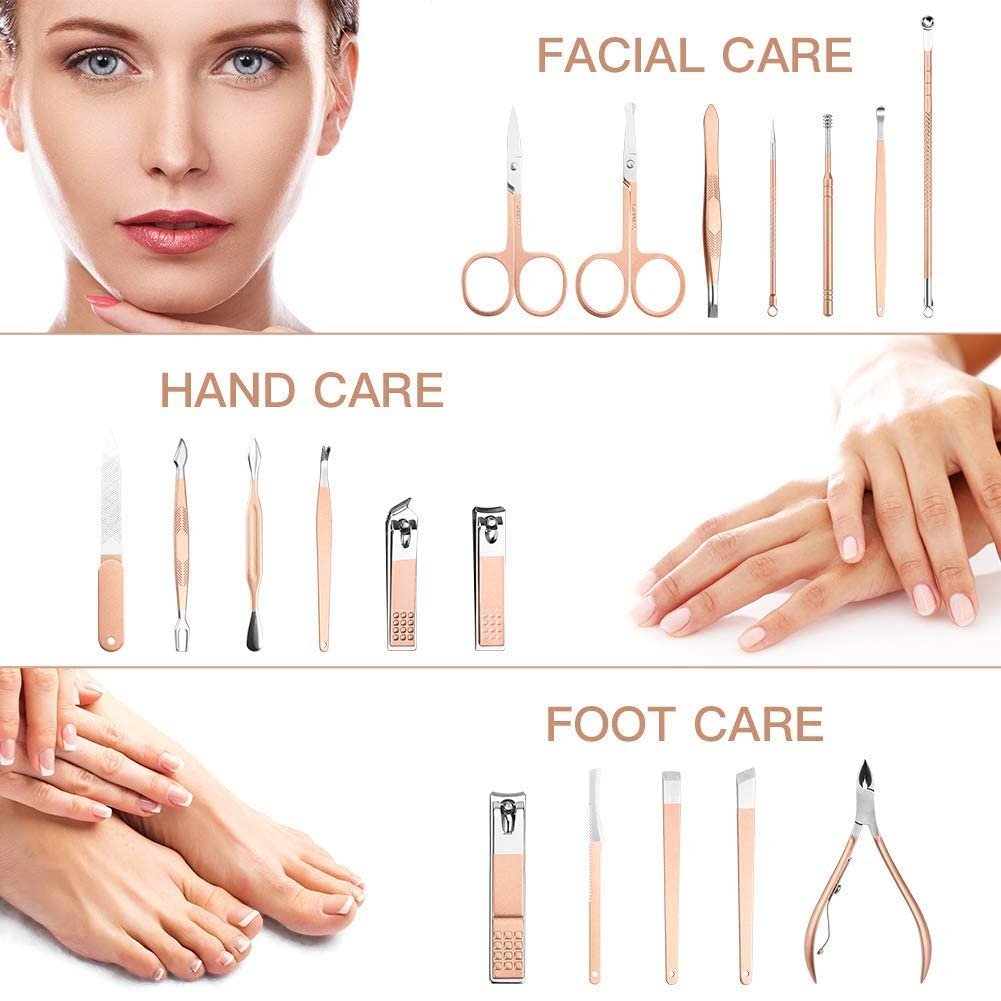 18 PCS Manicure Kit ? Professional Stainless Steel Nail Clippers Set with Grooming Tools for Manicure, Pedicure, Eyebrow, Ear & Facial Care, Portable Travel Case for Men & Women