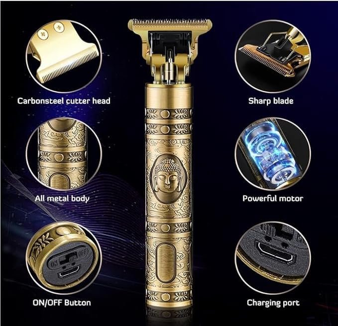 Professional Buddha Trimmer for Men ? Cordless Hair &amp; Beard Trimmer with T-Blade | Zero-Gapped, Rechargeable, Precision Clipper for Fades, Edges &amp; Detail Trimming (Gold Design)