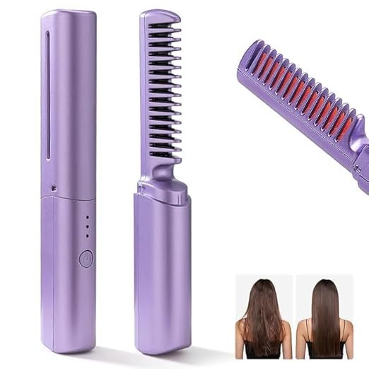 Rechargeable Mini Hair Straightener Comb ? Portable Cordless Hair Styling Brush for Women & Men | USB Charging, Anti-Scald Design, Travel-Friendly Compact Straightener