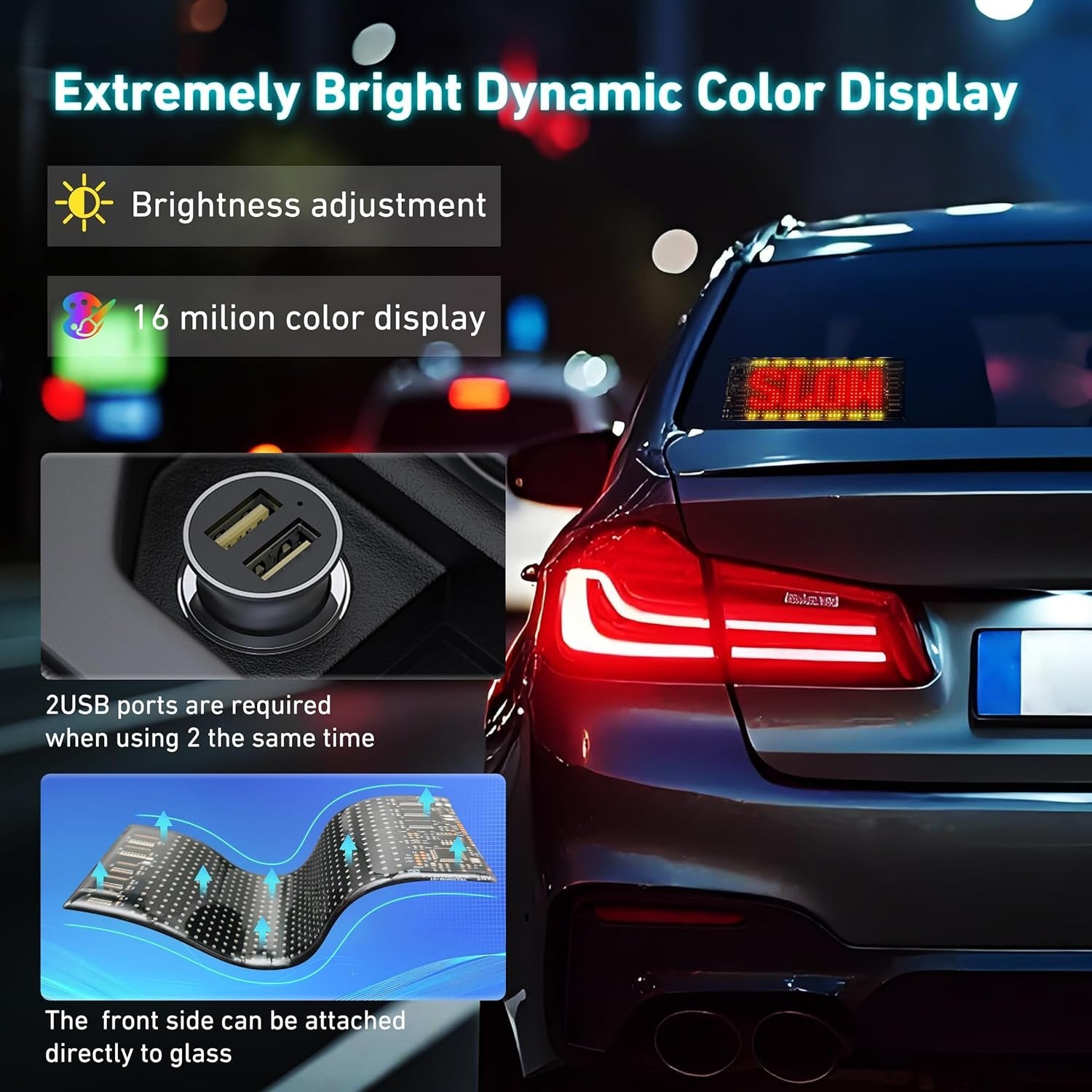 Car LED Matrix Panel ? Programmable RGB Display Screen with App Control, USB Rechargeable Scrolling Text Sign for Car Rear Window, Emoji & Message Display Board