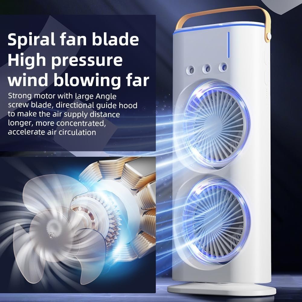 Double End Air Cooler Mist Fan ? Portable USB Rechargeable Dual Head Fan with Water Spray, 3-Speed Cooling & Humidifying Function for Home, Office & Outdoor Use