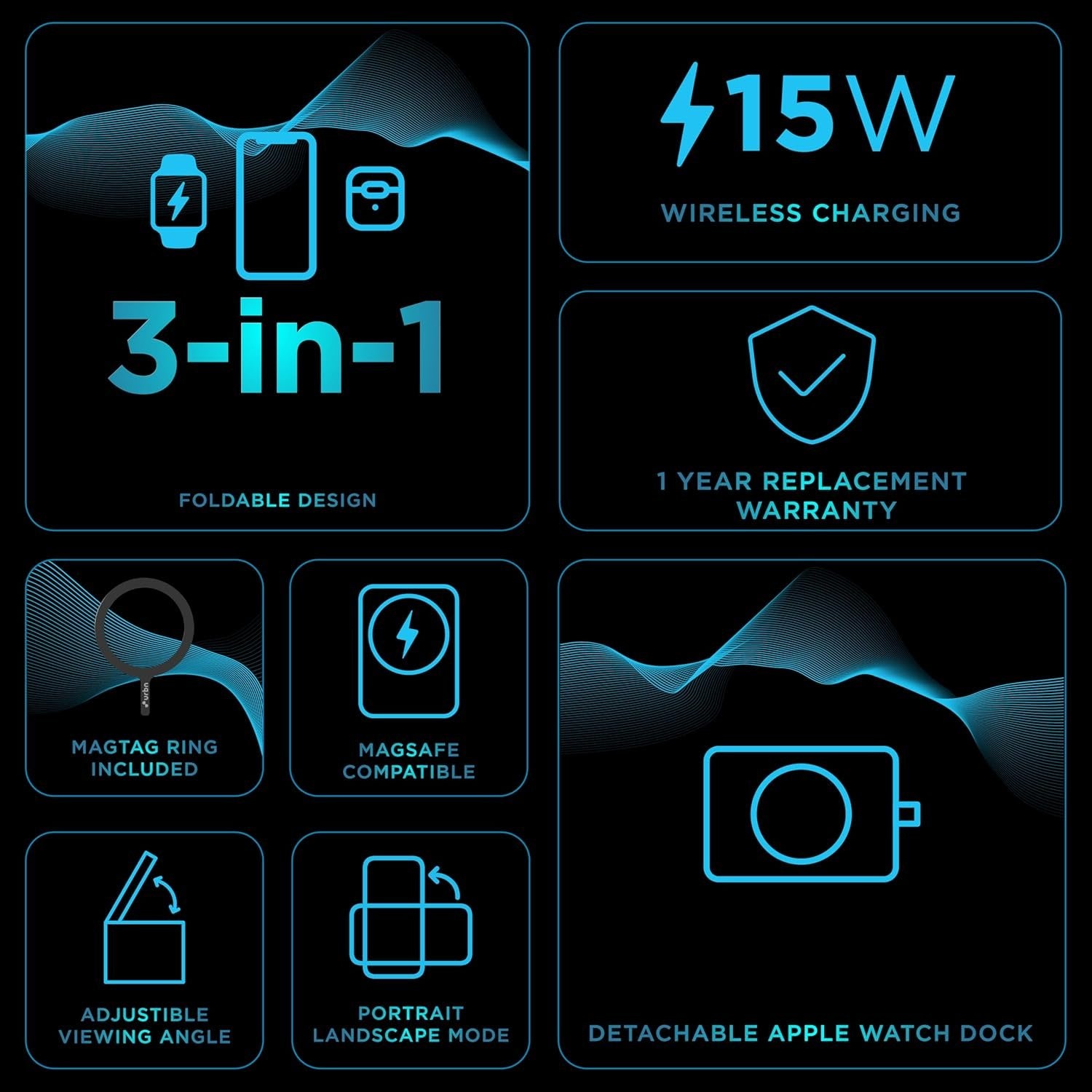 3-in-1 Portable Foldable Wireless Charger ? Fast Charging Station for iPhone, Apple Watch & AirPods, Magnetic Travel Wireless Charging Pad with USB-C Cable