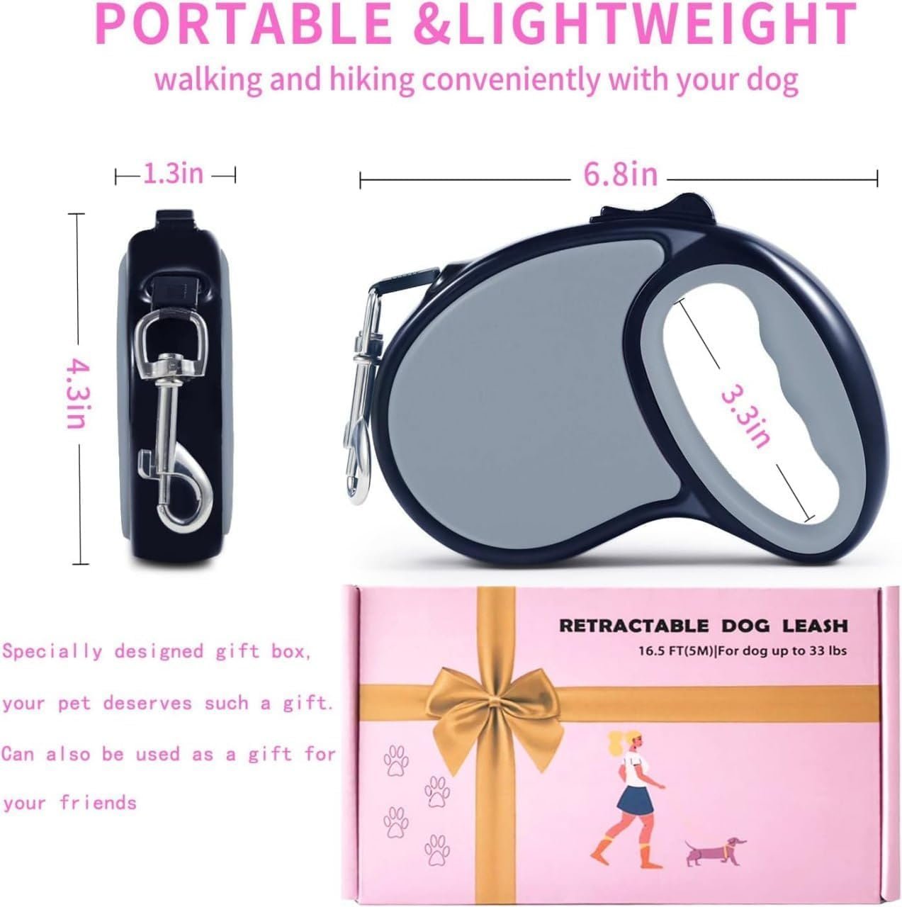 Retractable Pet Leash ? 5 Meter Tangle-Free Dog Leash with One-Hand Lock Button, Strong Nylon Tape & Comfortable Grip for Small to Medium Dogs