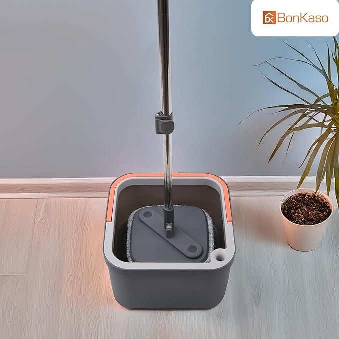 Spin Mop and Bucket Set ? 360? Rotating Microfiber Mop with Easy Self-Wringing System, Stainless Steel Handle & Wheels, Floor Cleaning Mop for Home & Kitchen