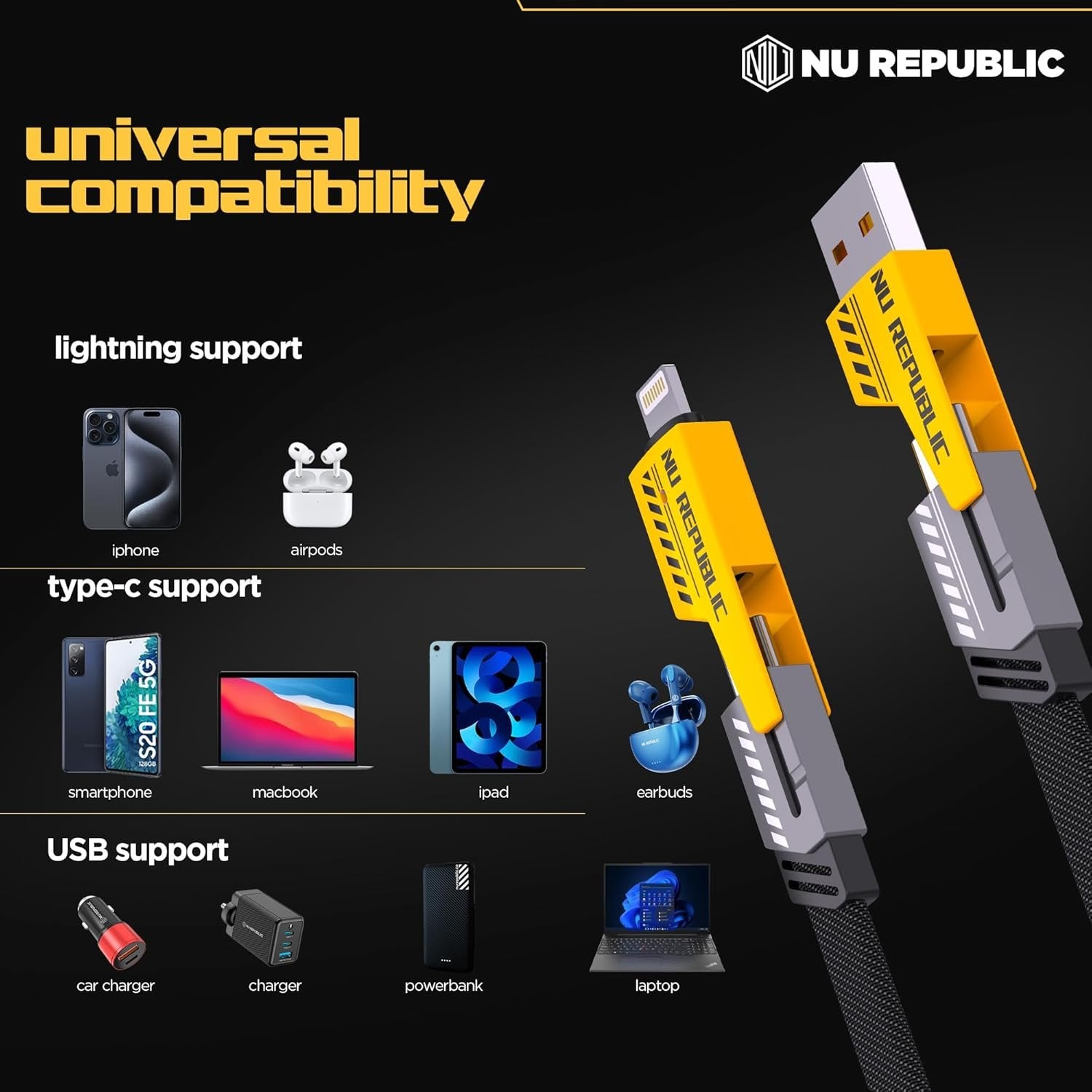 4 in 1 Charging Cable ? Multi USB Fast Charger Cord with Type-C, Micro USB, Lightning Connectors, Nylon Braided Universal Cable for Phones & Devices