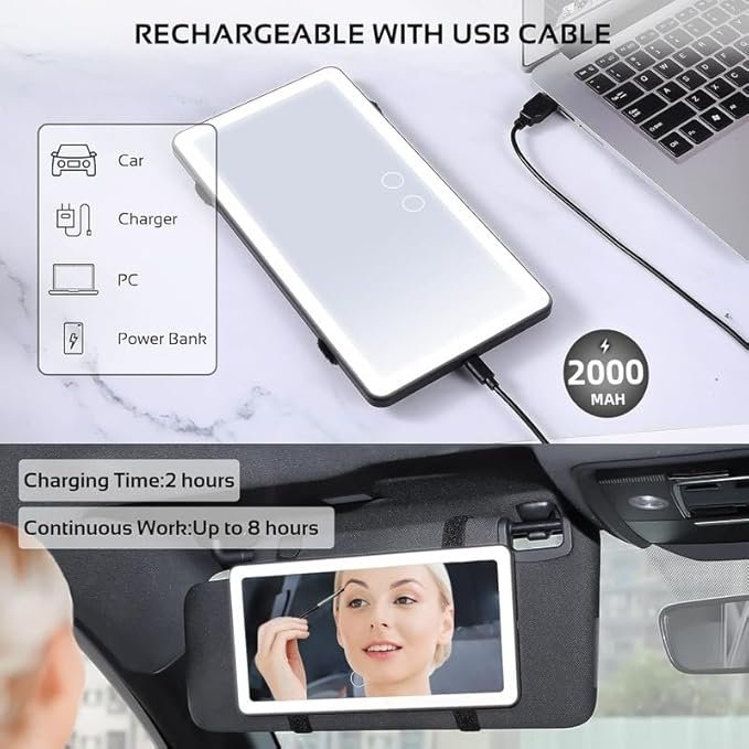 LED Car Vanity Mirror ? Rechargeable Sun Visor Mirror with Adjustable Brightness, Touch Sensor Lighted Makeup Mirror for Car Interior