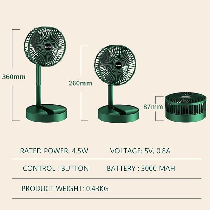 Rechargeable Telescopic Foldable Fan ? Portable Standing Desk Fan with Adjustable Height & Angle, USB Fan with Battery for Home, Office & Travel