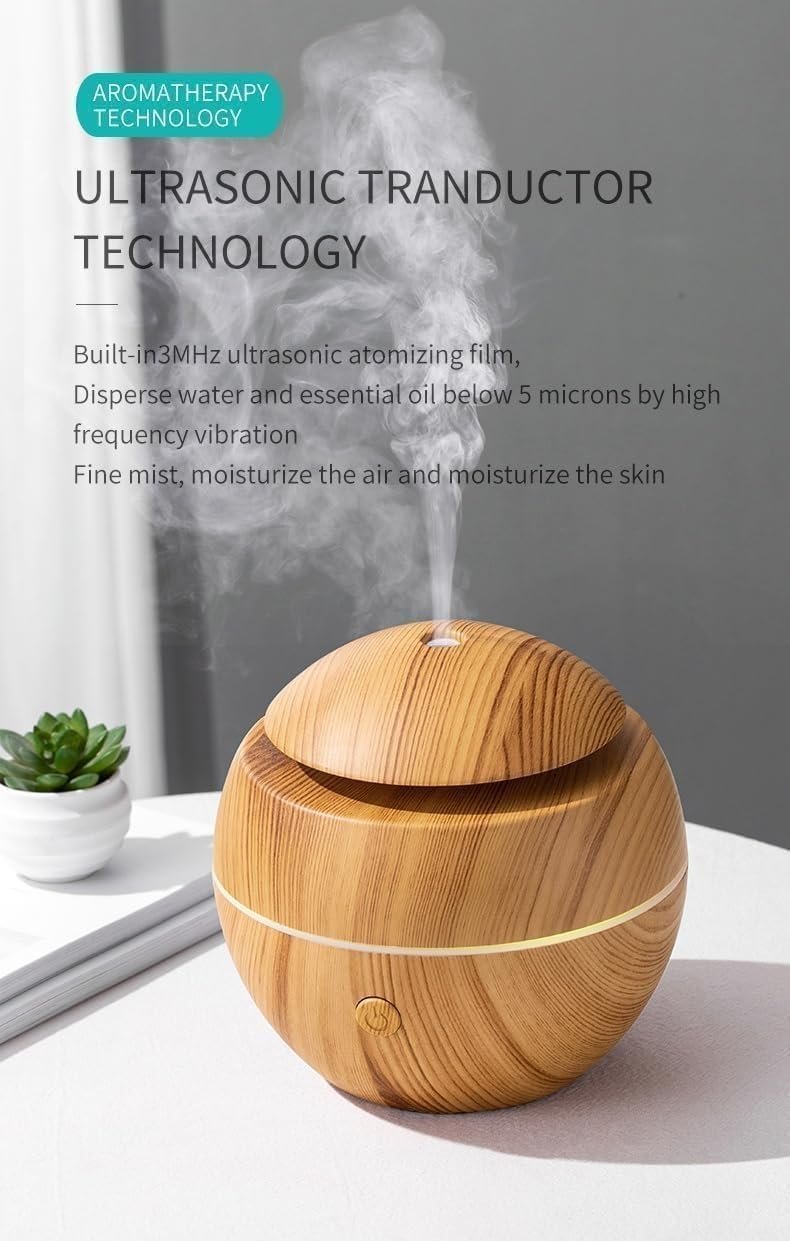 Wooden Aroma Diffuser Humidifier ? Ultrasonic Cool Mist Humidifier with LED Light & Auto Shut-Off | Essential Oil Diffuser for Home, Office & Bedroom (Wood Grain Finish)