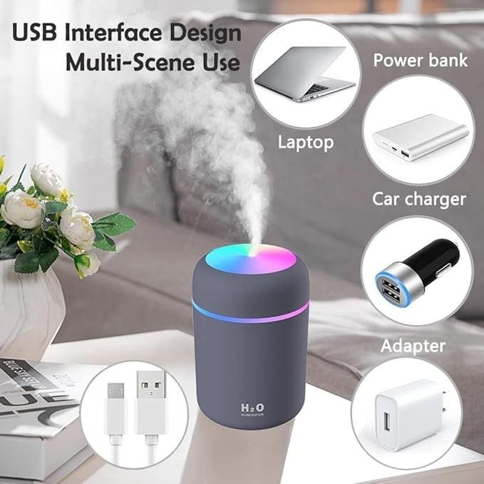 H2O Humidifier ? Mini Portable Cool Mist Humidifier with Night Light | USB Rechargeable Personal Air Humidifier for Home, Car, Office & Travel (320ml)