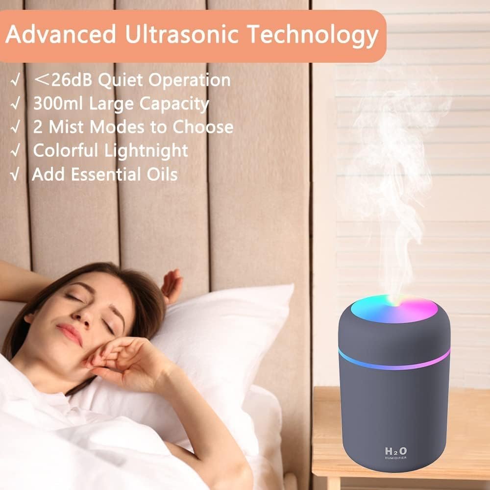 H2O Humidifier ? Mini Portable Cool Mist Humidifier with Night Light | USB Rechargeable Personal Air Humidifier for Home, Car, Office & Travel (320ml)