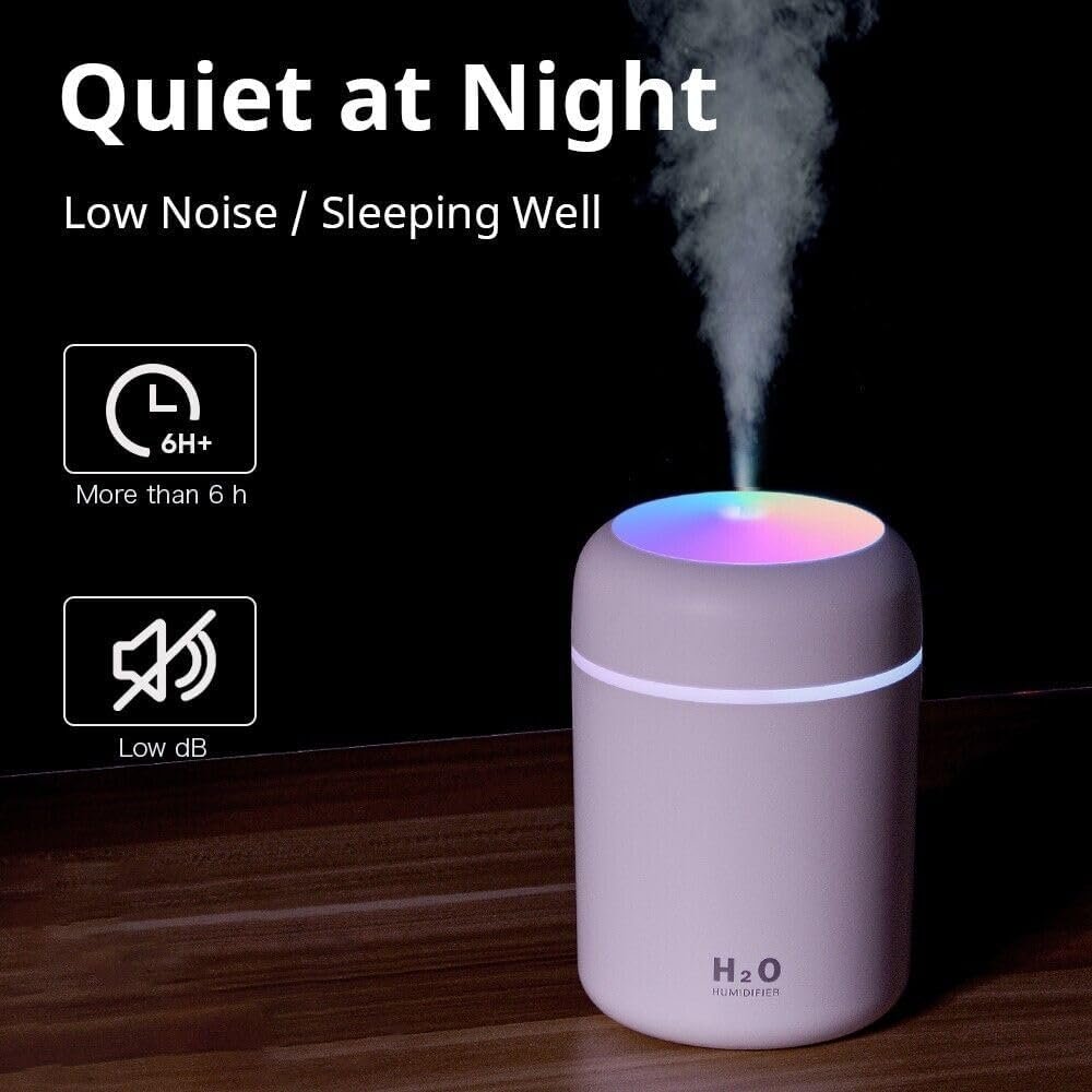H2O Humidifier ? Mini Portable Cool Mist Humidifier with Night Light | USB Rechargeable Personal Air Humidifier for Home, Car, Office & Travel (320ml)