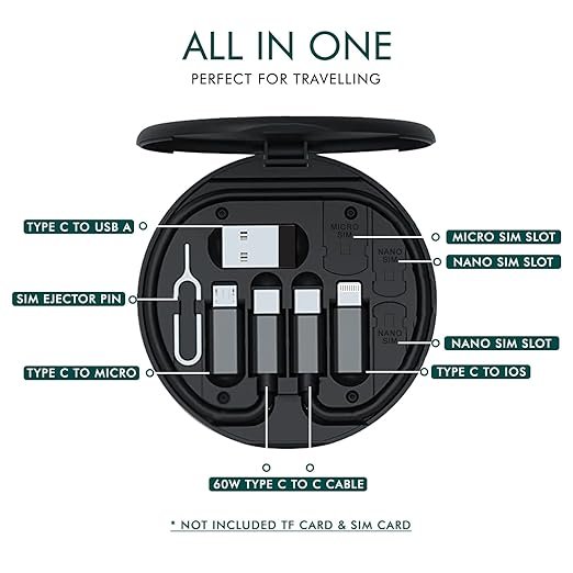 All In One Data Cable Set ? 6-in-1 Universal Charging Cable Kit with Type-C, Micro USB, Lightning | Compact Travel Organizer with SIM Ejector & Storage Box