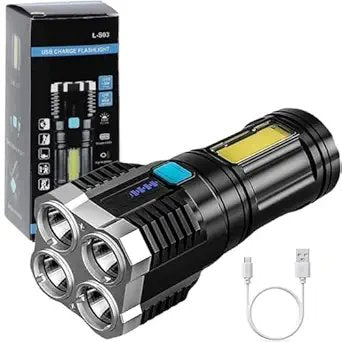 4 Core LED Torch Light ? Ultra Bright Rechargeable Flashlight with Long Range Beam | Heavy-Duty Handheld Torch for Outdoor, Emergency, Camping & Security Use