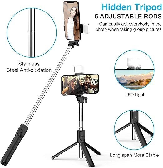 Selfie Stick R1S | Extendable Bluetooth Tripod with Remote Shutter & 360? Rotation | Compact Foldable Selfie Stick for Smartphone & Action Cameras