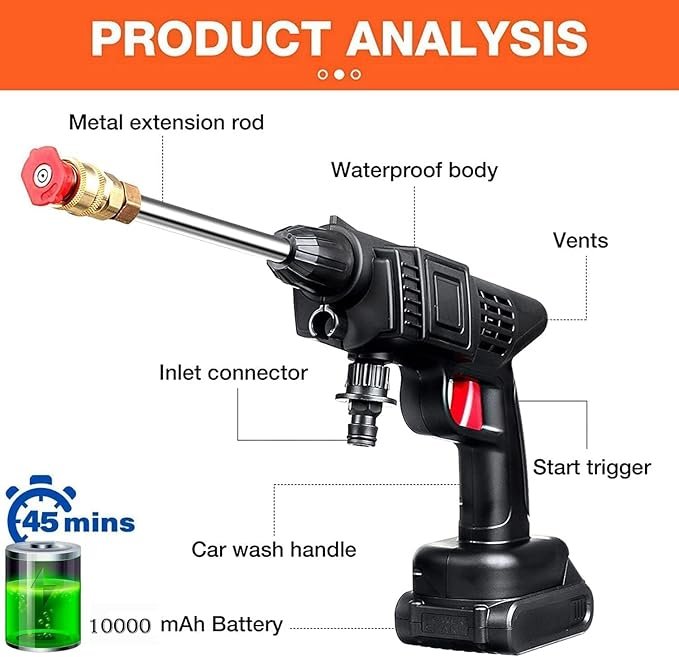 High Pressure Car Washing Gun ? Cordless Power Washer with Single Rechargeable Battery, Portable Jet Spray for Car, Bike, Home & Outdoor Cleaning