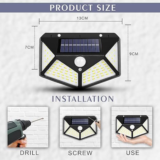 100 LED Motion Sensor Solar Light ? Ultra Bright Outdoor Security Light | Waterproof Solar Wall Lamp with Auto On/Off for Garden, Garage, Yard, Fence & Pathway (Pack of 1/2/4)