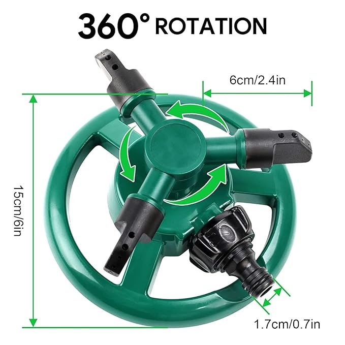 3-Arm Garden Sprinkler | 360? Rotating Lawn Sprinkler for Even Watering | Automatic Adjustable Sprayer for Garden, Yard, Grass & Outdoor Irrigation