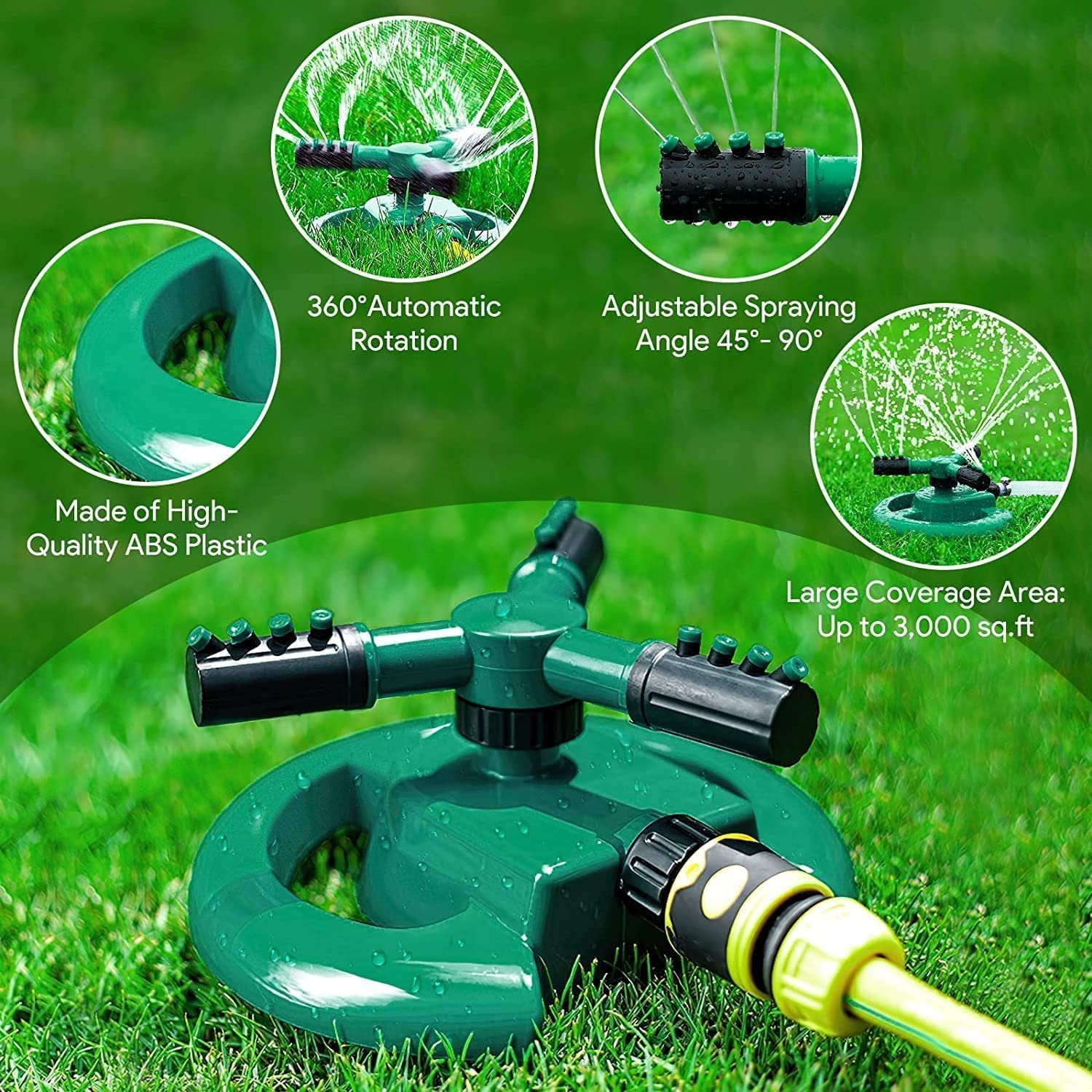 3-Arm Garden Sprinkler | 360? Rotating Lawn Sprinkler for Even Watering | Automatic Adjustable Sprayer for Garden, Yard, Grass & Outdoor Irrigation