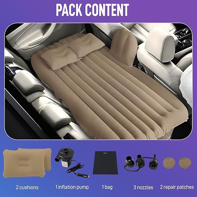 Inflatable Car Bed | Portable Travel Air Mattress with Pump & Pillows | Universal Back Seat Bed for SUV, Sedan & Camping | Comfortable Car Sleeping Mattress