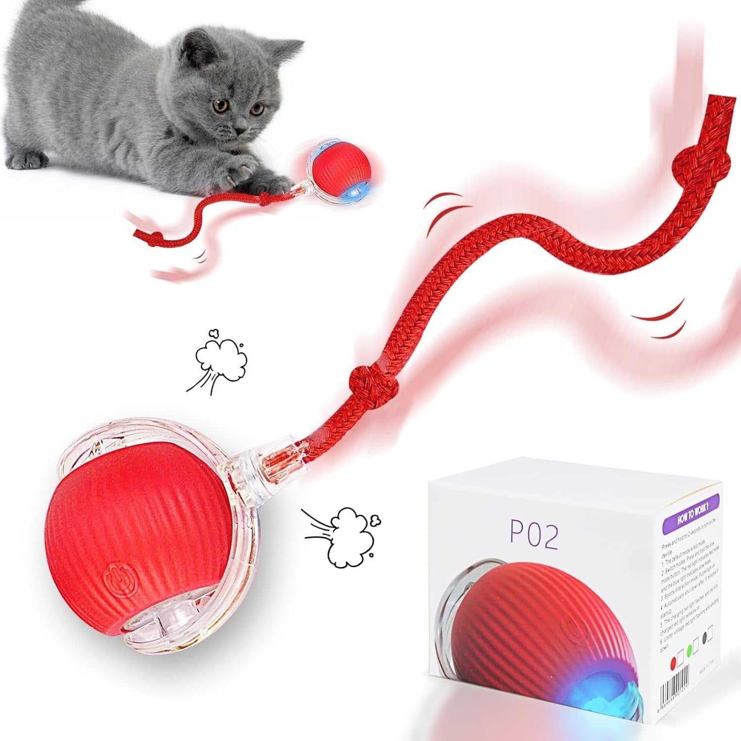 Automatic Cat Teaser Ball ? Interactive Motion Toy with LED Light, Rechargeable Smart Rolling Ball for Indoor Cats, Self-Moving Pet Exercise Toy for Play & Stimulation