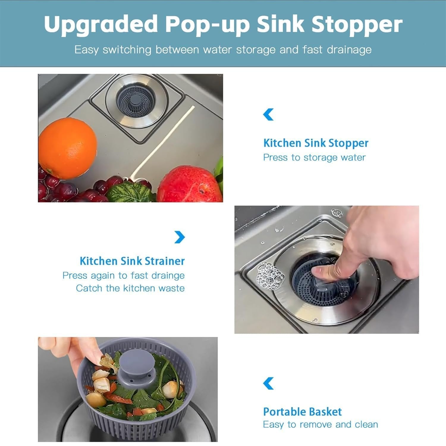 3 in 1 Kitchen Sink Drain Strainer Stopper ? Silicone Sink Filter, Hair Catcher & Plug, Anti-Clog Drain Cover for Kitchen, Bathroom, and Laundry Use