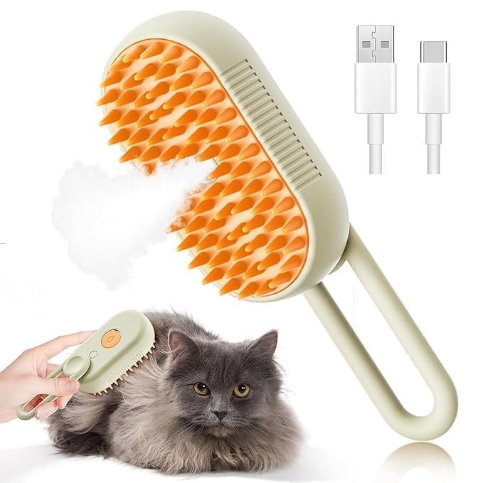 Handle Pet Steam Brush ? Portable Grooming Steamer for Dogs & Cats, Removes Loose Hair, Dirt & Odor, Gentle Detangling Brush for All Fur Types