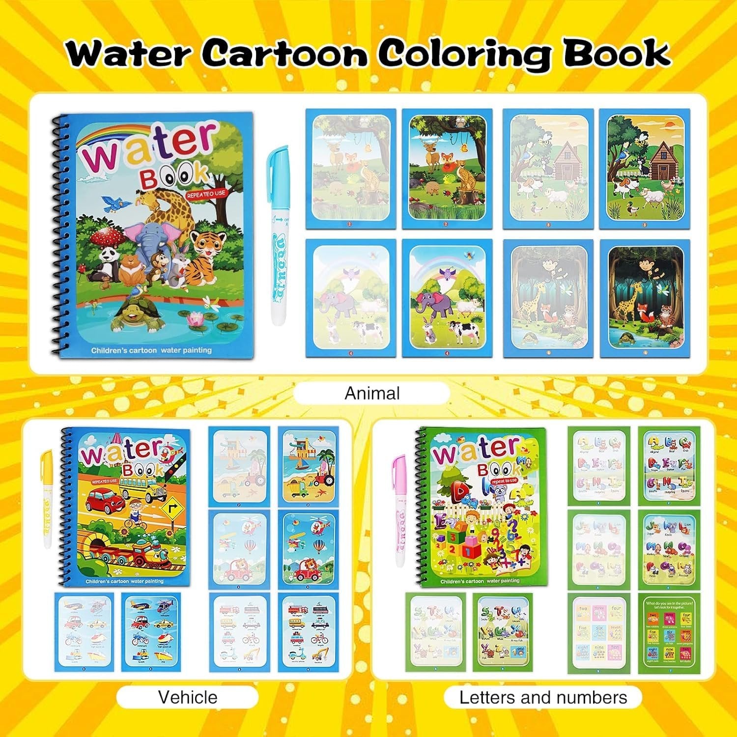 Magic Water Book for Kids ? Reusable Water Coloring Book with Pen | Mess-Free Learning & Drawing Activity for Toddlers & Preschoolers (Set of 1)