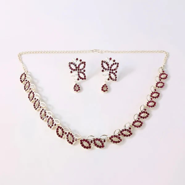 American Diamond Studded Floral Shaped Necklace with Earrings ? Sparkling Jewelry Set for Women