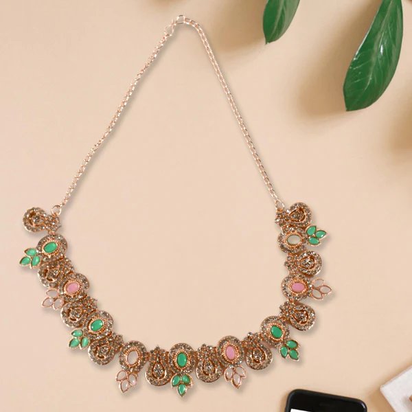 Elegant Pink & Green Diamond Necklace Set ? Stylish and Colorful Jewelry for Women