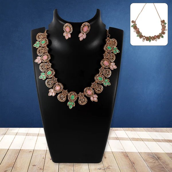 Elegant Pink & Green Diamond Necklace Set ? Stylish and Colorful Jewelry for Women