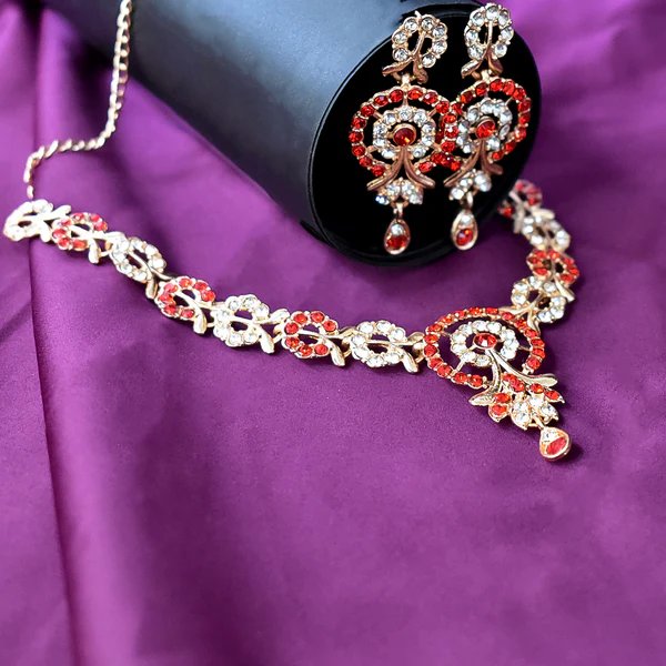 Red & White Diamond Necklace with Earring Set ? Stunning Jewelry for Women, Perfect for Weddings & Parties