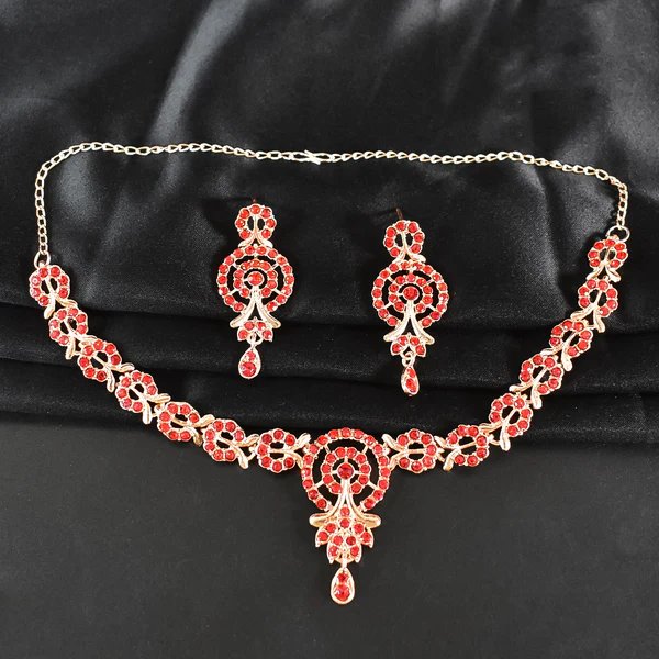 Red Diamond Necklace with Earring Set ? Elegant Jewelry for Women, Ideal for Festive and Formal Events