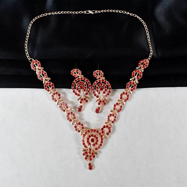 Red Diamond Necklace with Earring Set ? Elegant Jewelry for Women, Ideal for Festive and Formal Events