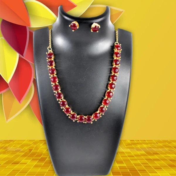Kollam Supreme Gold-Plated Brass Red American Diamond Stone Necklace Set ? Luxurious Jewelry for Women