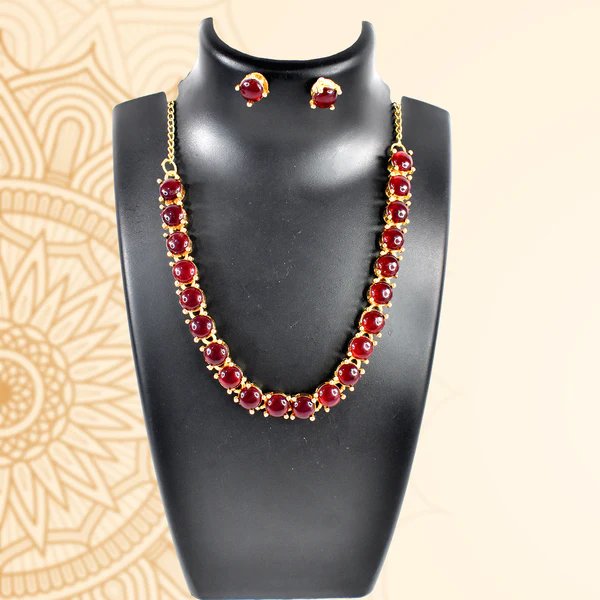 Kollam Supreme Gold-Plated Brass Red American Diamond Stone Necklace Set ? Luxurious Jewelry for Women