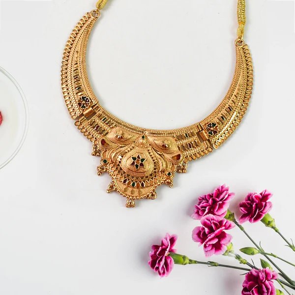Gold Plated Necklace Set for Women ? Sophisticated Indian Jewelry Set for Weddings, Parties & Special Occasions ? Elegant Gold Tone Statement Necklace with Earrings