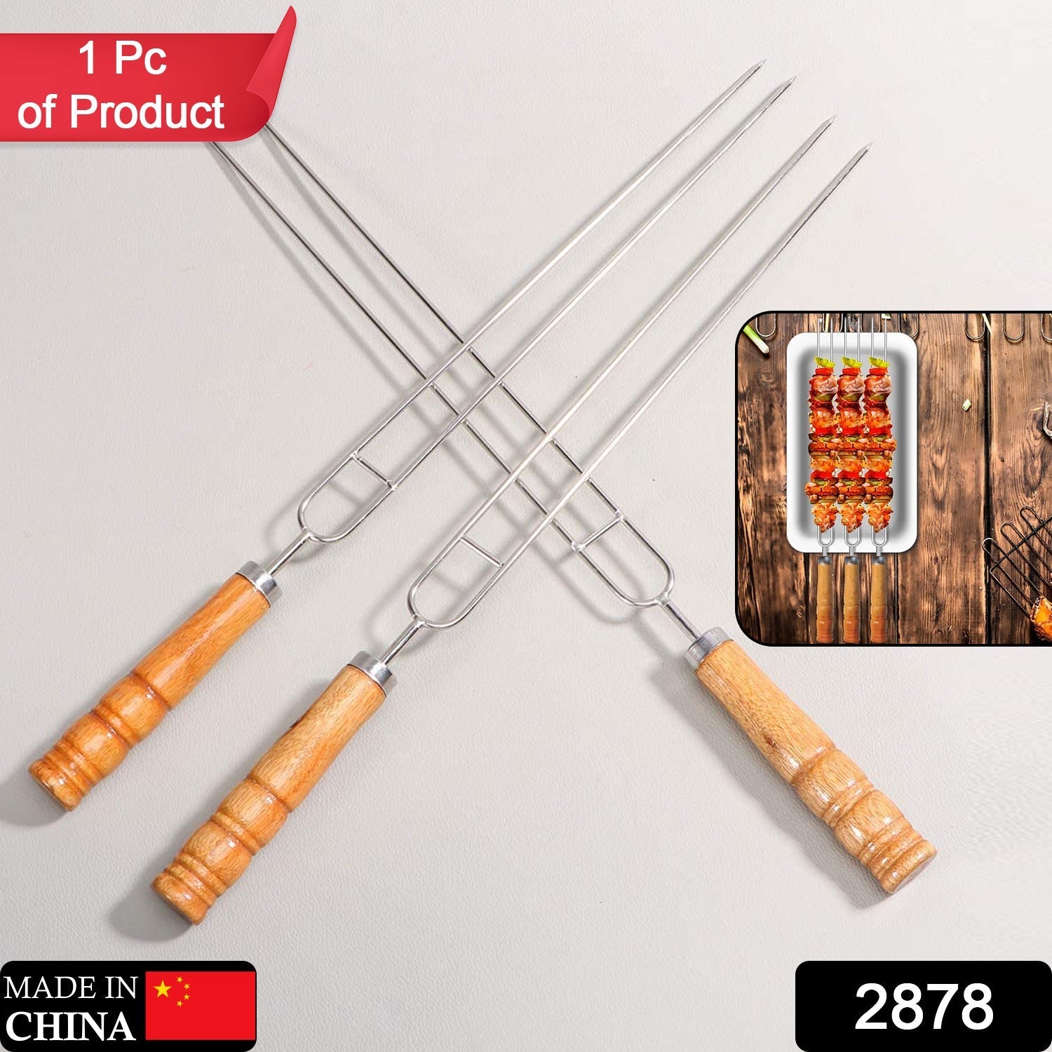 2878 Stainless Steel Double Prongs Roasting Stick BBQ Barbecue Fork Kebab Skewers Wooden Handle DeoDap