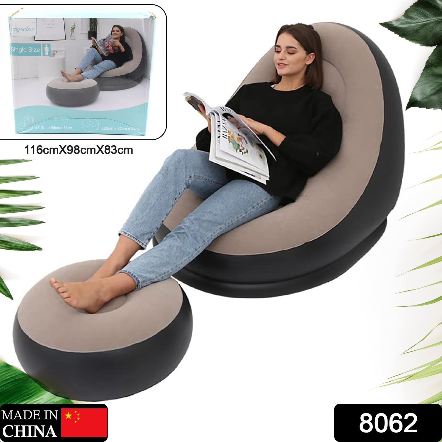 8062 Inflatable Sofa Lounge Chair Ottoman, Blow Up Chaise Lounge Air Sofa, Indoor Flocking Leisure Couch for Home Office Rest, Inflated Recliners Portable Deck Chair for Outdoor Travel Camping Picnic. DeoDap