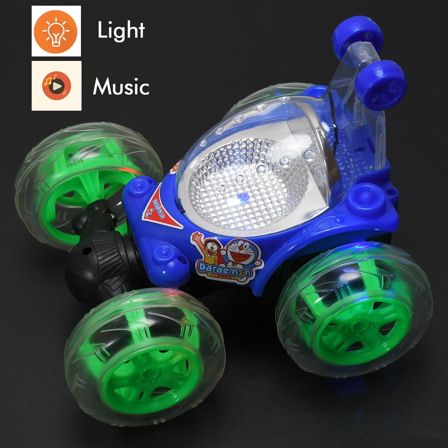 4482 Rechargeable 360 degree stunt rolling remote control car with colourful 3d lights and music for kids DeoDap