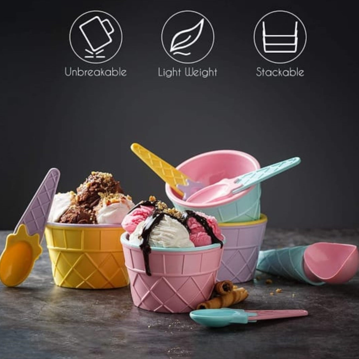 5319  4 pc Ice Cream Bowl Plastic Solid Colour Cream Cup Couple Bowl with Spoon. Ice Cream Spoon & Bowl Set, 4 Pc Set of Ice Cream Bowl & Spoon (Multi Color) DeoDap