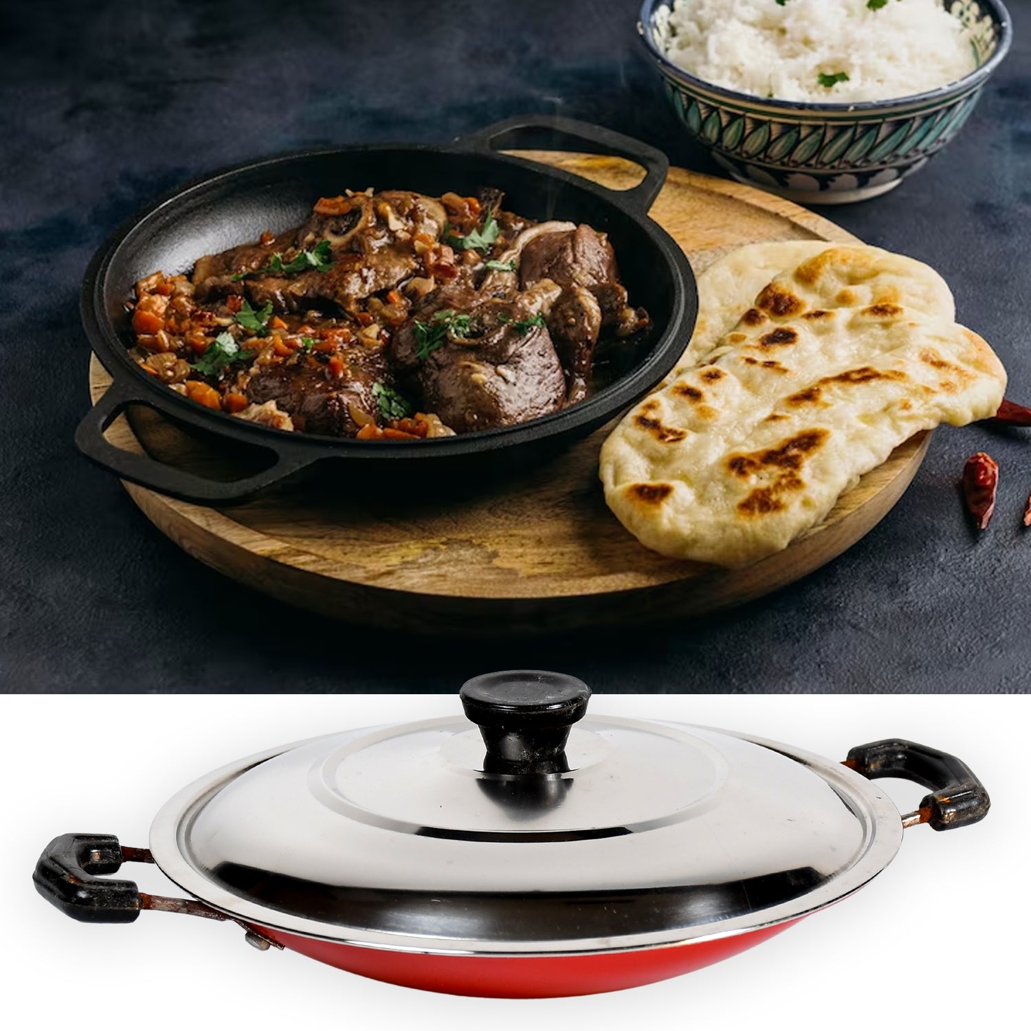 7135 Nonstick Kadhai With Lid Deep Frying Pan, Kadhai with Lid for Cooking, Biryani Pot 