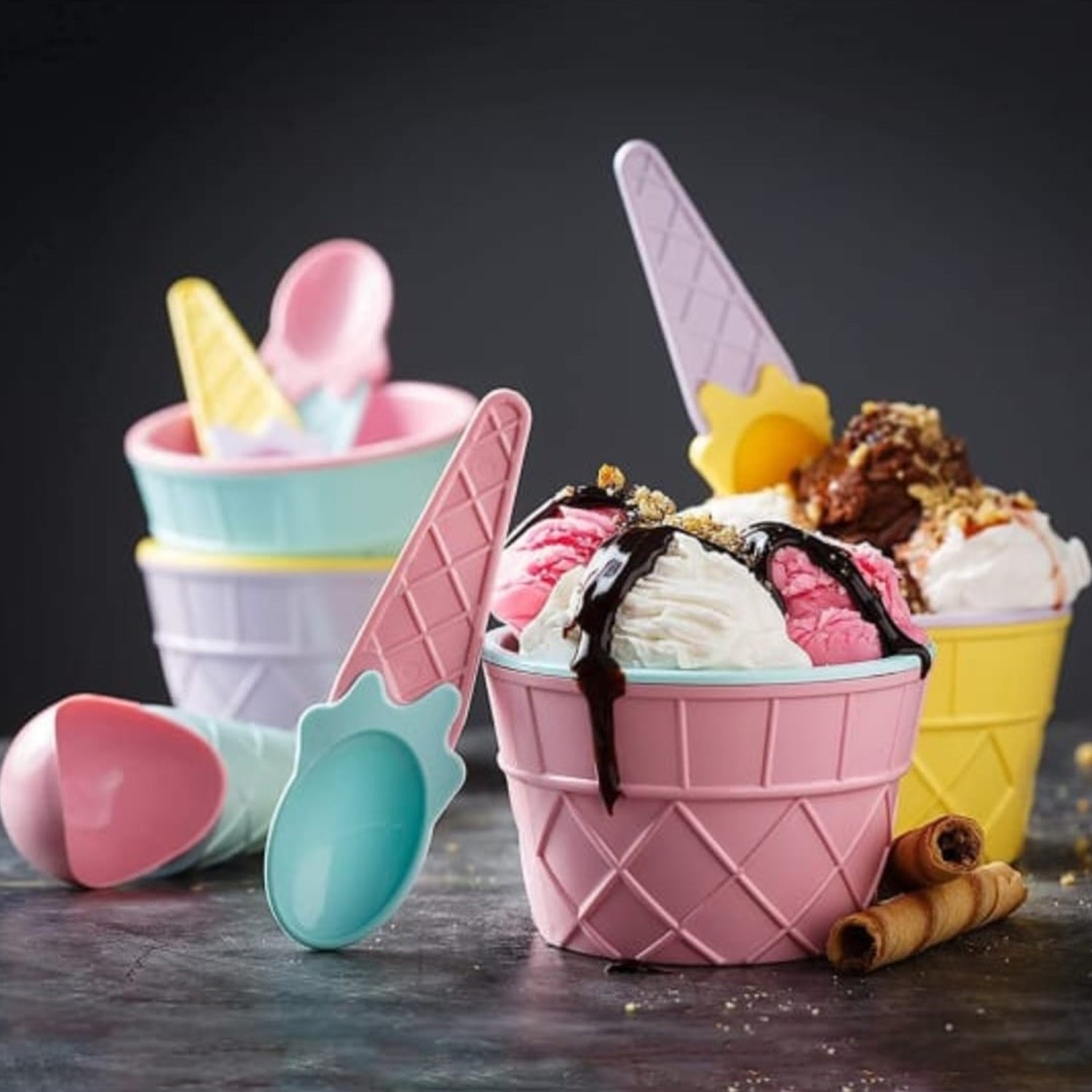 5322 Ice-Cream Waffle Spoon Bowel Cup Set | Premium ice Cream Set | Ice-Cream Bowel with Spoon | 6 units Couple Bowl Set | Color Box DeoDap