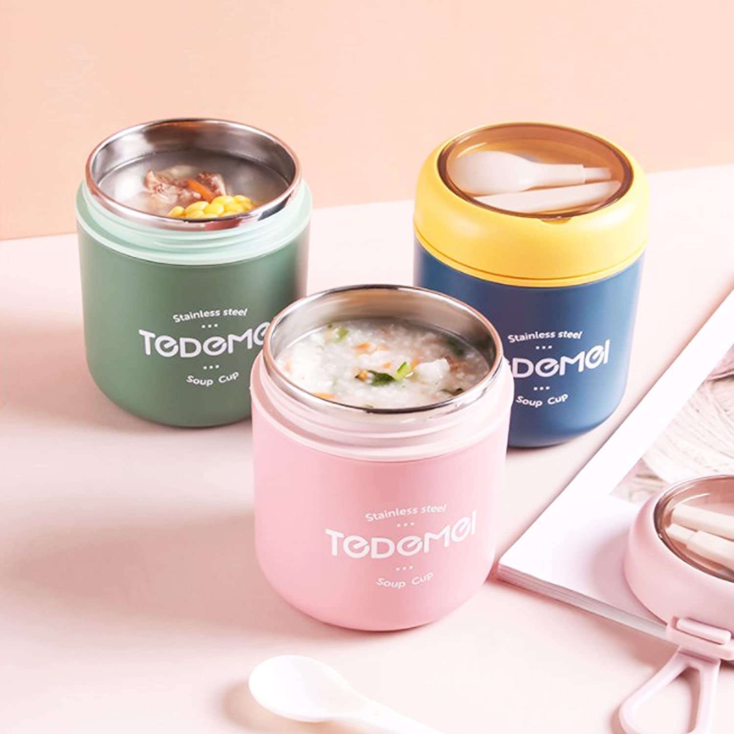 7157B  STAINLESS STEEL SOLID PREMIUM 1PC SOUP CONTAINER WITH SPOON AND 1 SPOON ON SOUP CUP TOP DeoDap