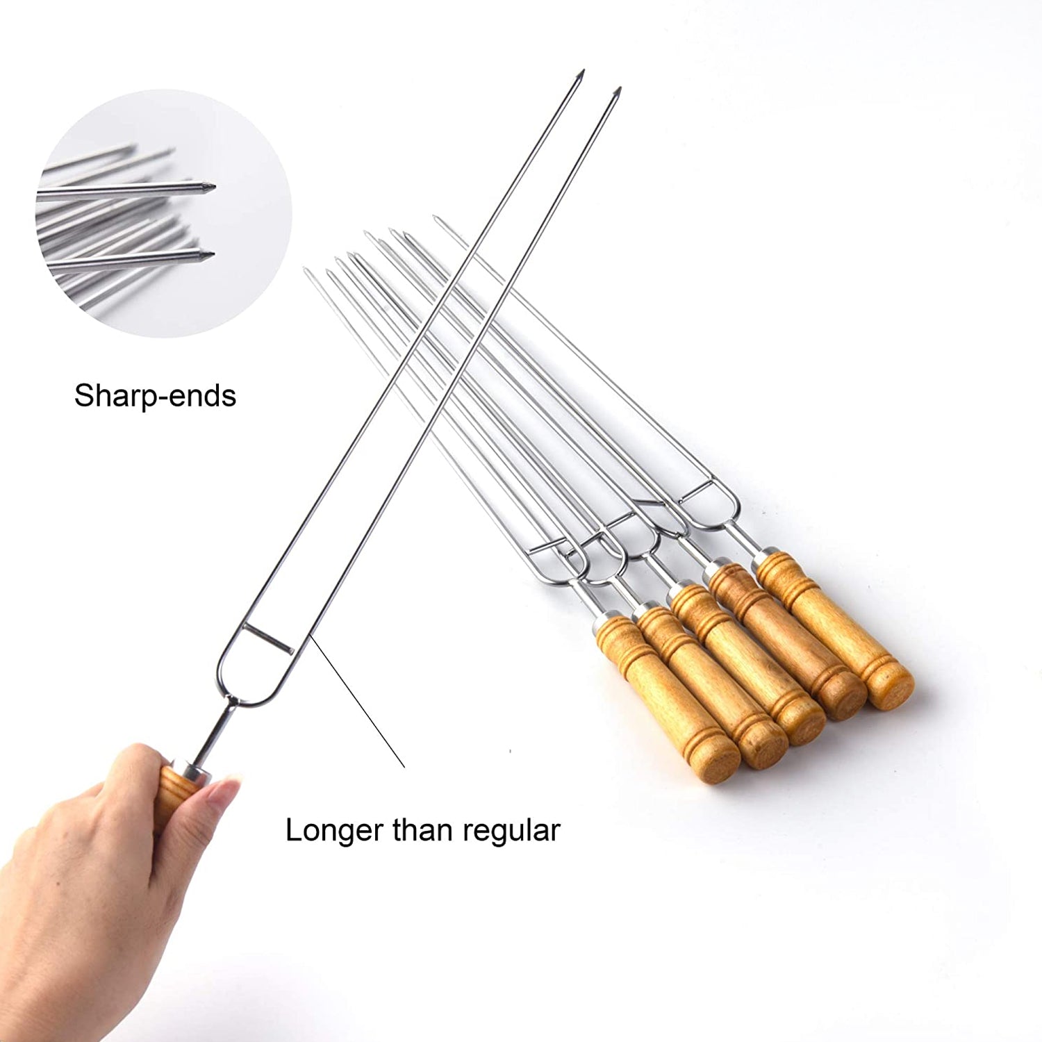 2878 Stainless Steel Double Prongs Roasting Stick BBQ Barbecue Fork Kebab Skewers Wooden Handle DeoDap
