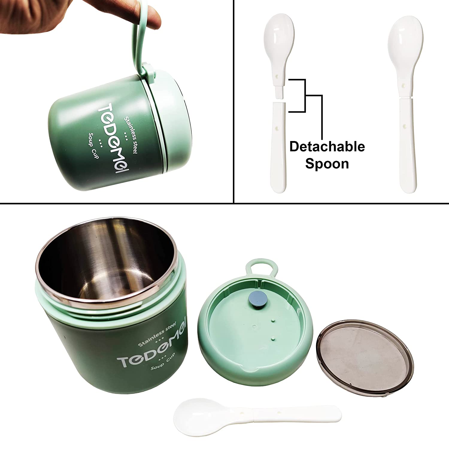 7157 Stainless Steel Solid Premium 1Pc Soup Container with Spoon and 1 Spoon On Soup Cup Top DeoDap