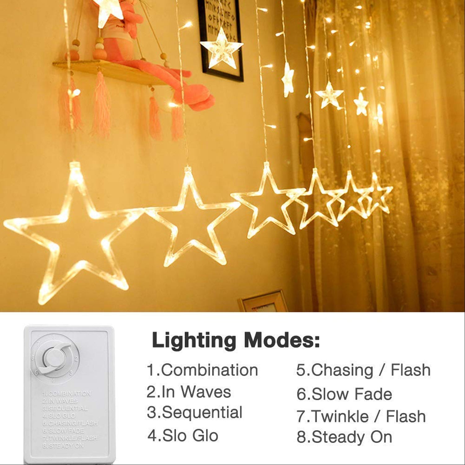 1253 12 Stars Curtain String Lights, Window Curtain Lights with 8 Flashing Modes Decoration for Festivals 