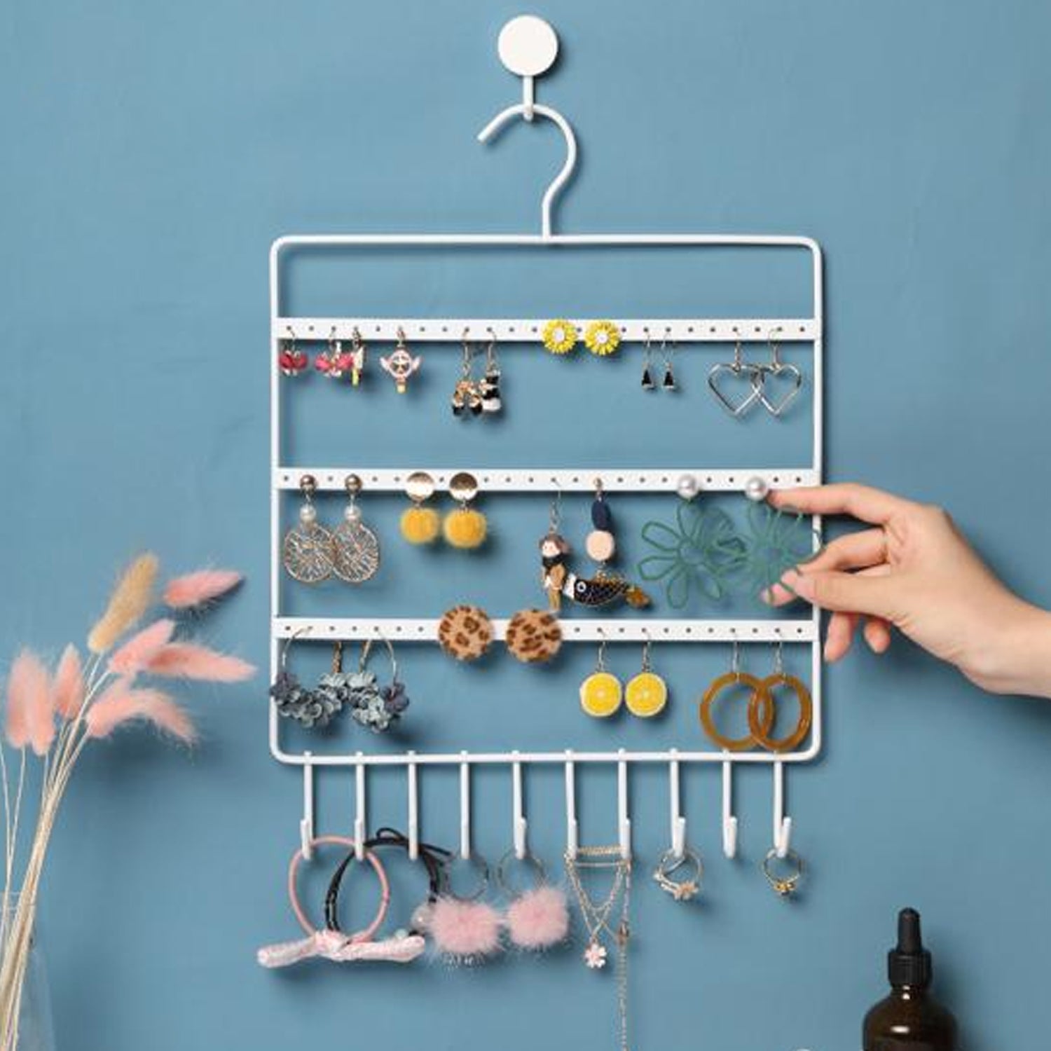 0594 Lightweight & Wall Mounted Earrings Organizer/HANGER for Tangle Free Hanging for Women, 66 Holes - 10 Hooks (metal) DeoDap