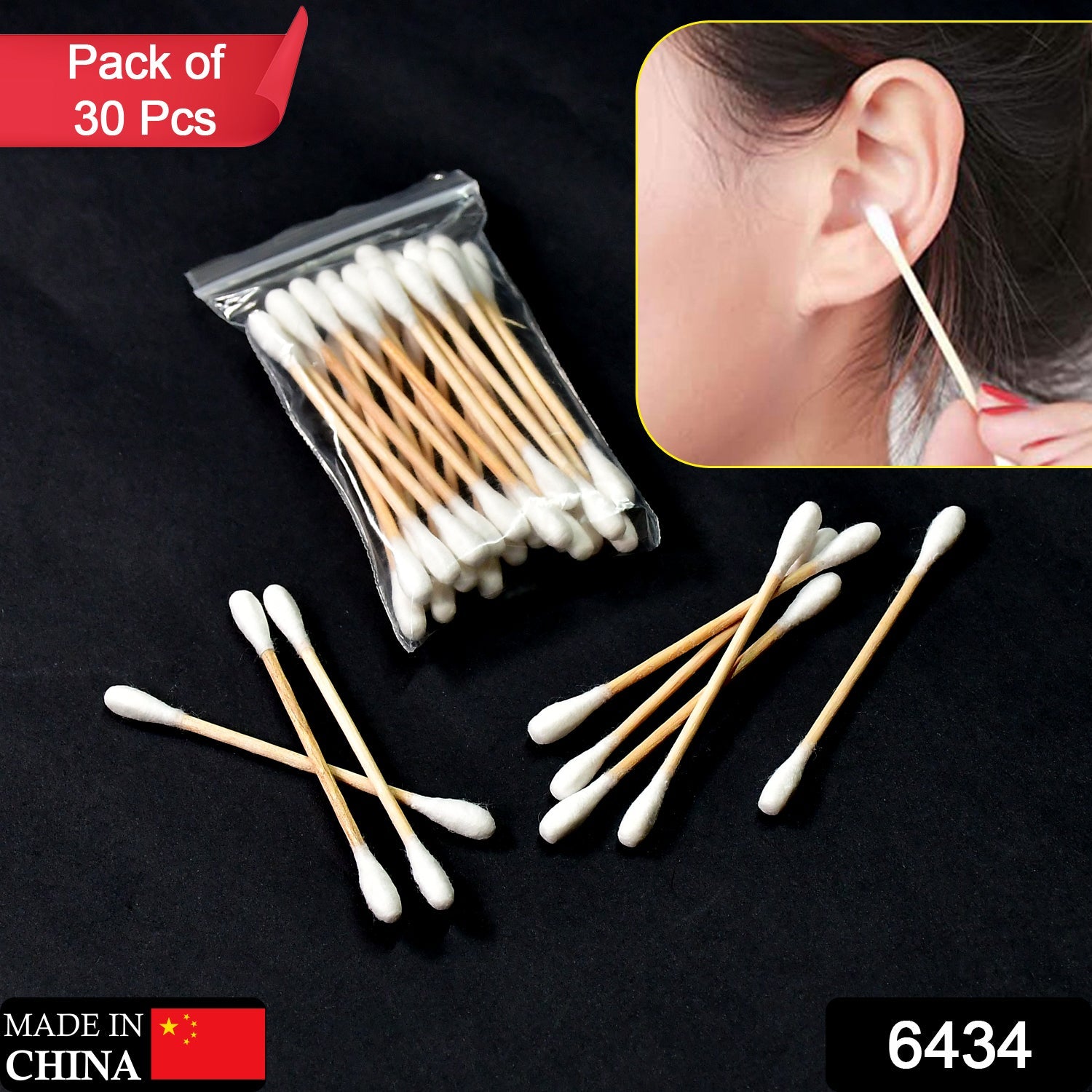 6434 COTTON BUDS FOR EAR CLEANING, SOFT AND NATURAL COTTON SWABS (Pack of 30Pc) 