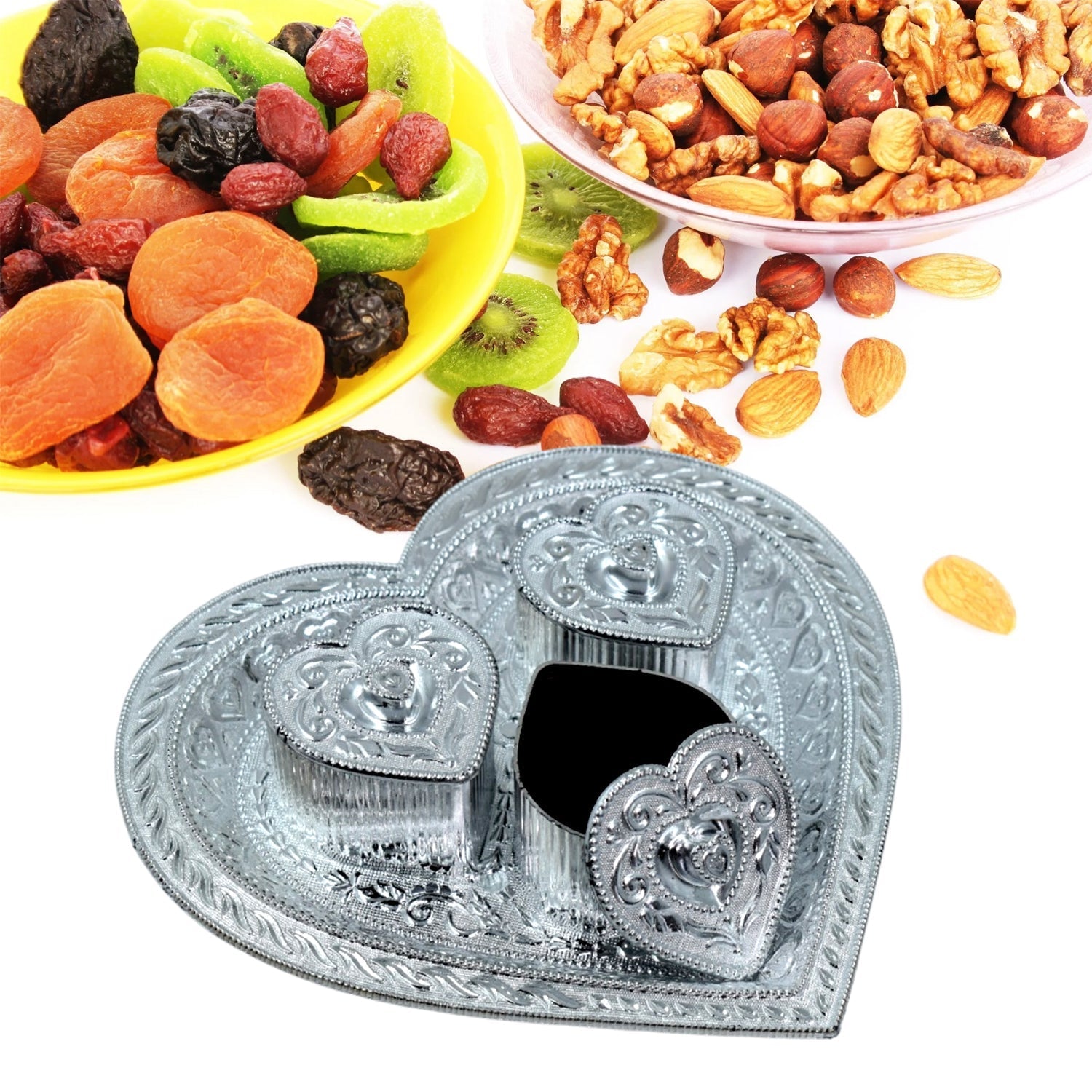 2852 Heart Multipurpose Tray 3 Container Elegant Royal Design Plastic for Dry Fruit Chocolate Mouth Freshener Box DeoDap